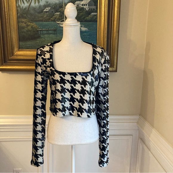 ZARA Black Silvery White Sequin Houndstooth Long Sleeve Crop Top - Picture 14 of 16